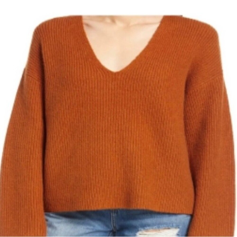 NWT Treasure & Bond Rust Umber V Neck Rib Stitch Sweater New Small Wool.